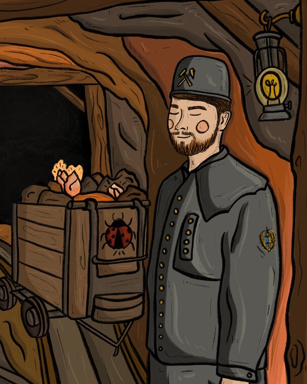 Bergmann mit Maulwurf und Fledermaus