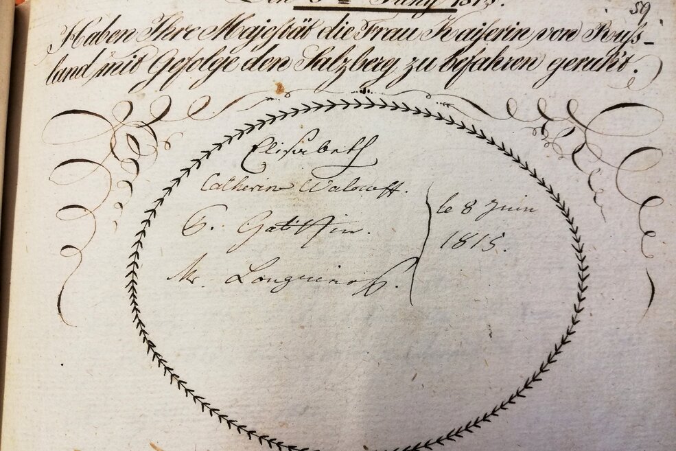 Handgeschriebener Eintrag zur Einfahrt der Kaiserin Russlands ins Salzbergwerks 1815