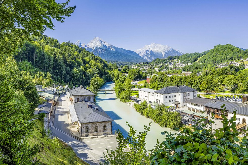 Exterior shot of the salt mine with the Watzmann in the background