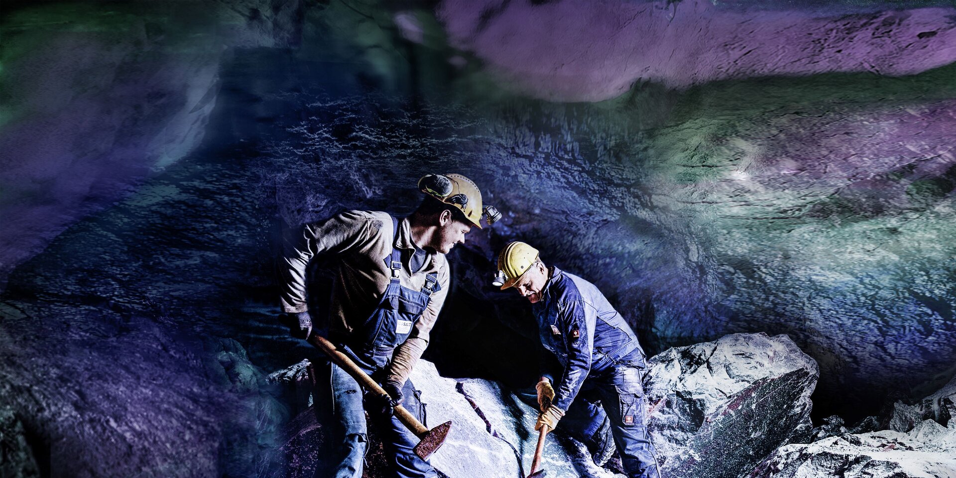 Miners mining salt underground