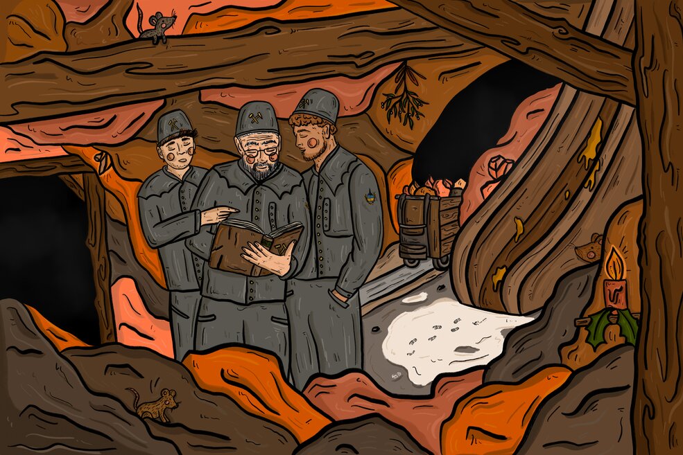 Bergleute lesen Buch im Bergwerk
