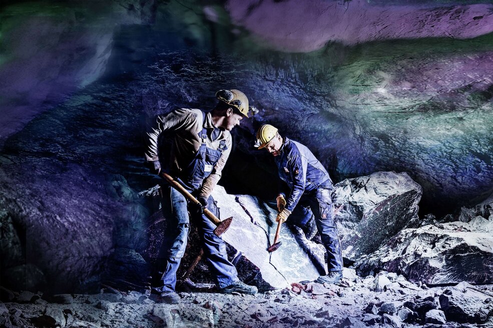 Miners during a blasting operation at the active Berchtesgaden salt mine – over 500 years of mining tradition