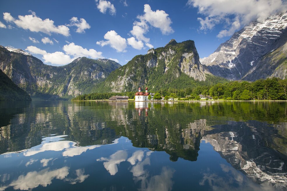 Panoramabild St. Bartholomä am Königssee mit Watzmann Ostwand | © Marika Hildebrandt